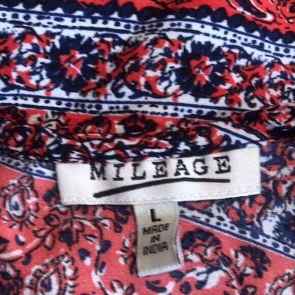 Vintage-Inspired Mileage Sleeveless Red & Blue Patterned Blouse With Keyhole Det - Picture 6 of 15